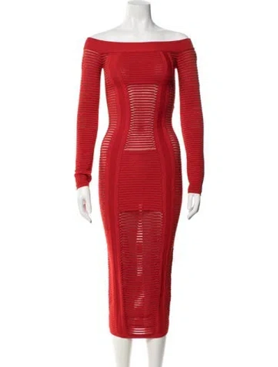 Pre-owned Balmain Off-the-shoulder Midi Length Dress In Red