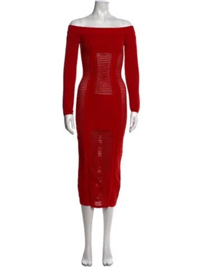 Pre-owned Balmain Off-the-shoulder Midi Length Dress In Red