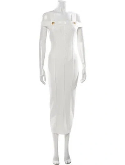 Pre-owned Balmain Off-the-shoulder Midi Length Dress In White