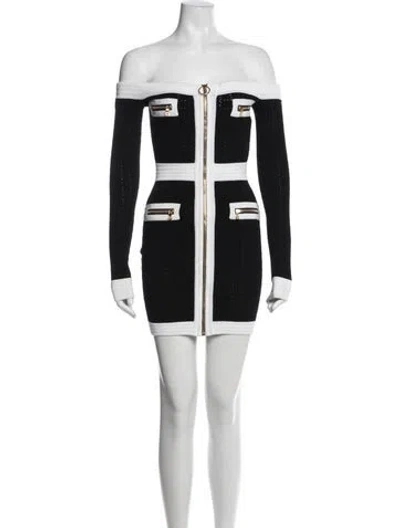 Pre-owned Balmain Off-the-shoulder Mini Dress In Black/white