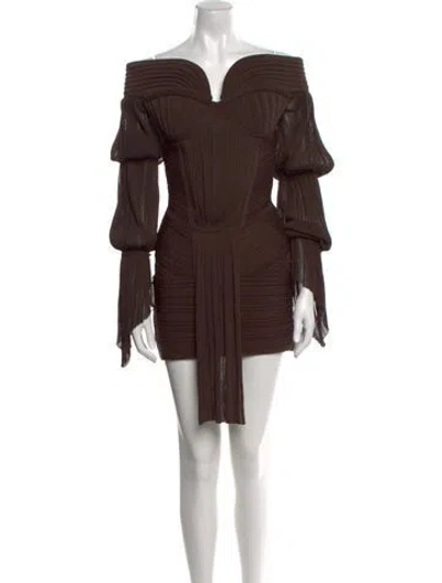 Pre-owned Balmain Off-the-shoulder Mini Dress In Brown