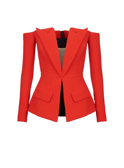 Balmain Off-the-shoulder Wool-crepe Peplum Top In Red