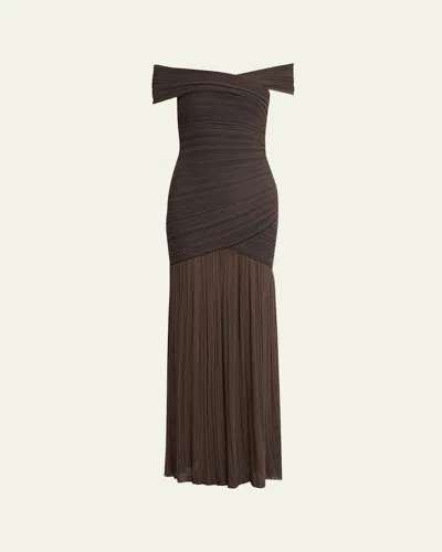 Balmain Off-the-shoulder Ribbed Bandage Gown In Brown