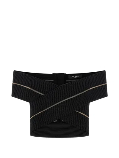 Balmain Off-the-shoulder Crop Top In Black