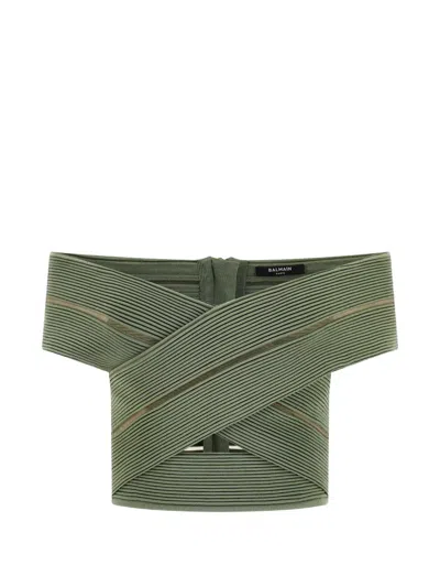 Balmain Off Shoulder Ribbed Cropped Knit Top In Green