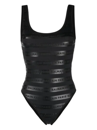 Balmain Black Striped One-piece Swimsuit In Schwarz