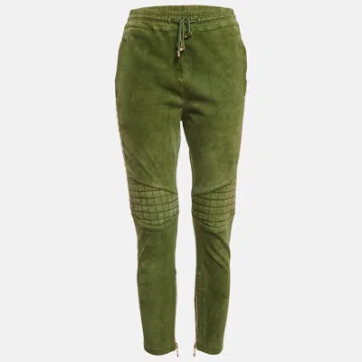 Pre-owned Balmain Olive Green Suede Quilt Detail Pants M
