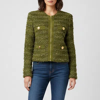 Pre-owned Balmain Olive Green Textured Boucle Tweed Zip-up Jacket S