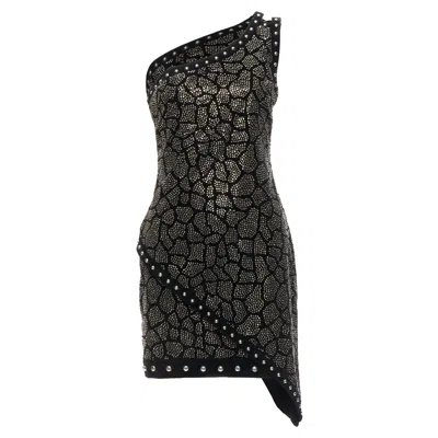 Balmain Olivier Rousteing Silver Studded Bead Embellished Velvet Dress In Black
