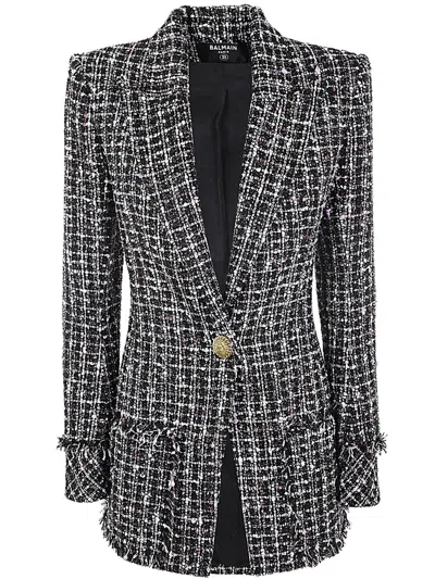 BALMAIN ONE BUTTON TWEED FITTED JACKET