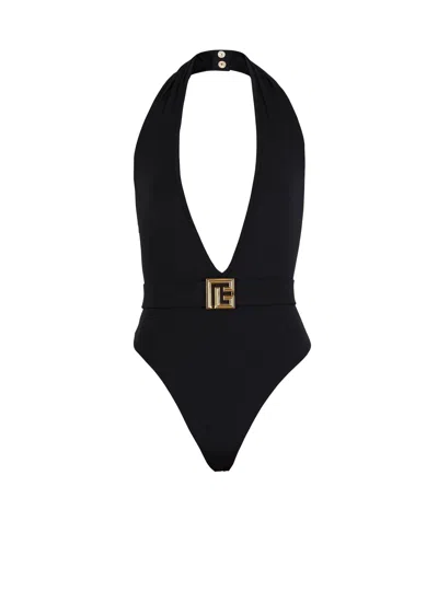 Balmain One-piece Swimsuit With Pb Logo In Black