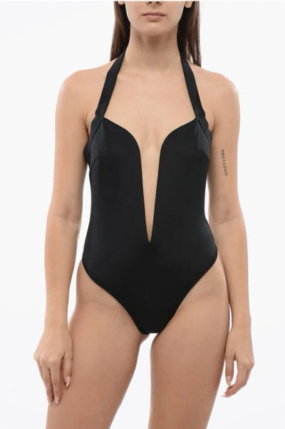 Balmain One-piece Swuimsuit With Deep Neckline In Black