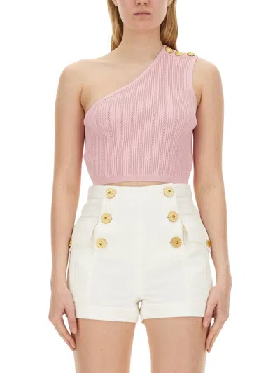 Balmain One-shoulder Crop Top In Pink