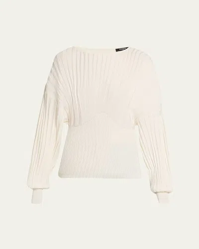 Balmain One-shoulder Batwing Rib Sweater In Neutral