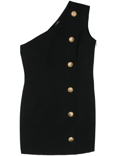 Balmain Asymmetric Wool Knit Mini Dress In Black  
