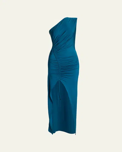 Balmain One Shoulder Fluid Jersey Ruched Gown In Multi