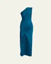 Balmain One Shoulder Fluid Jersey Ruched Gown In Blue