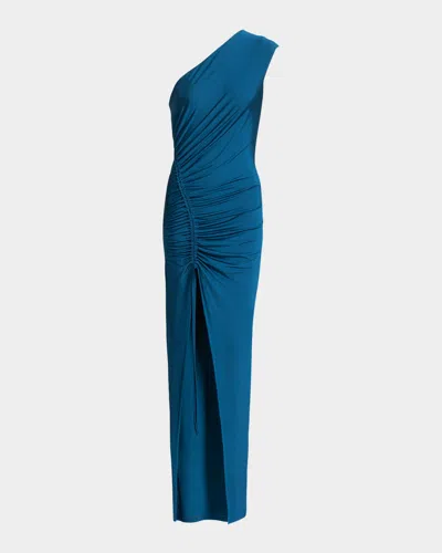 Balmain One Shoulder Fluid Jersey Ruched Gown In Blue