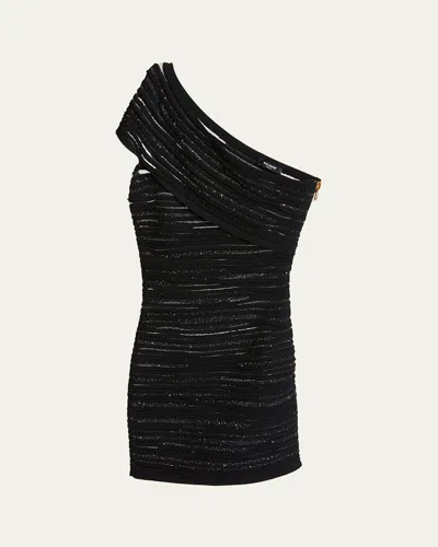 Balmain One-shoulder Glitter Mini Dress In Black Silver