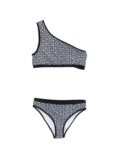 Balmain One-shoulder Logo-pattern Bikini In Black