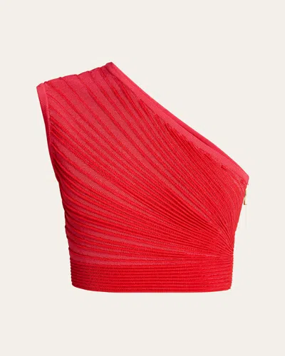 Balmain One-shoulder Ruched Cropped Top In Red
