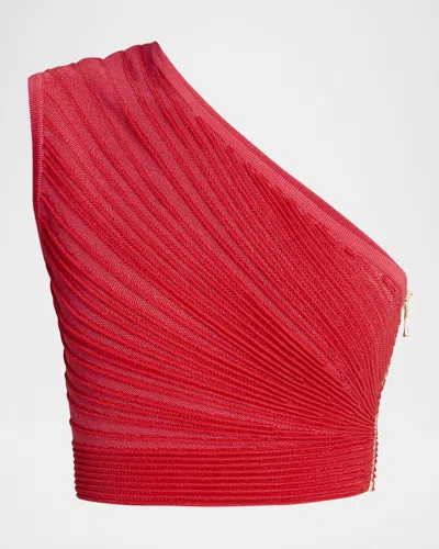 Balmain One-shoulder Ruched Cropped Top In Red