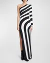 Balmain One-shoulder Striped Knit Gown With Slit In Blk White