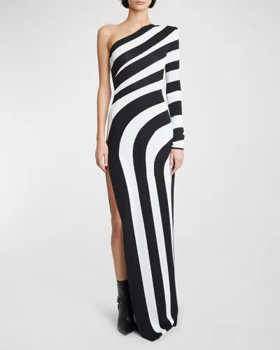 BALMAIN ONE-SHOULDER STRIPED KNIT GOWN WITH SLIT