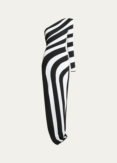 Balmain One-shoulder Striped Knit Gown With Slit In Blk White