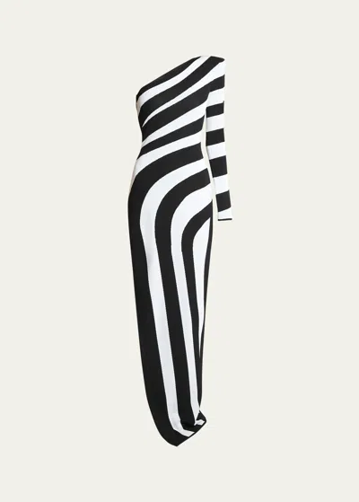 BALMAIN ONE-SHOULDER STRIPED KNIT GOWN WITH SLIT