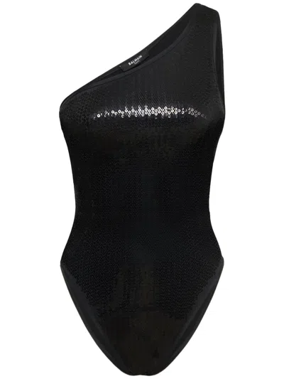 Balmain Sequined One-shoulder Swimsuit In Black