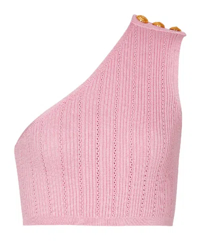 Balmain Asymmetric Knit Top With Buttons In Pink