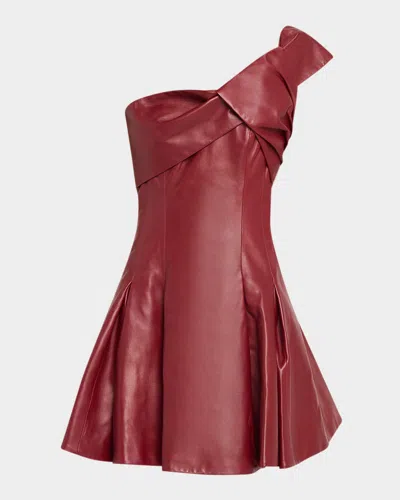 Balmain One-shlouder Pleated Leather Mini Dress In Burgundy