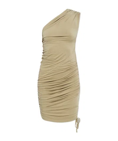 Balmain Ruched-detail One-shoulder Mini Dress In Brown