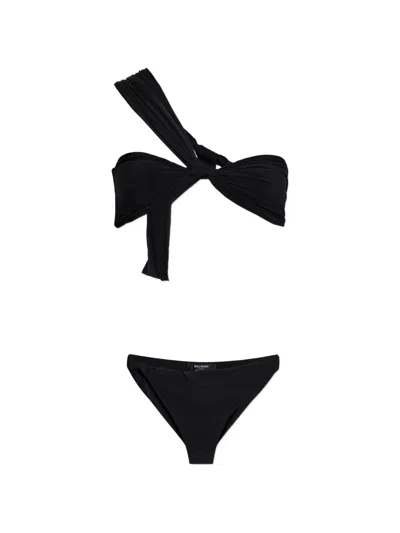 Balmain One-shoulder Knotted Bikini In Black
