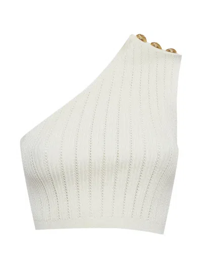 Pre-owned Balmain One-shoulder Pointelle-knit Top In Neutral