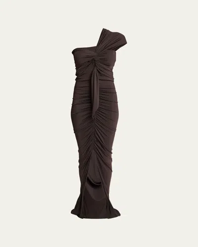 Balmain One-shoulder Twisted Jersey Slit Gown In Brown