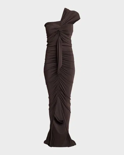 Balmain One-shoulder Twisted Jersey Slit Gown In Brown