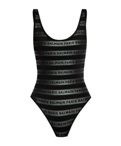 BALMAIN OPEN-BACK LOGO-PRINT SWIMSUIT