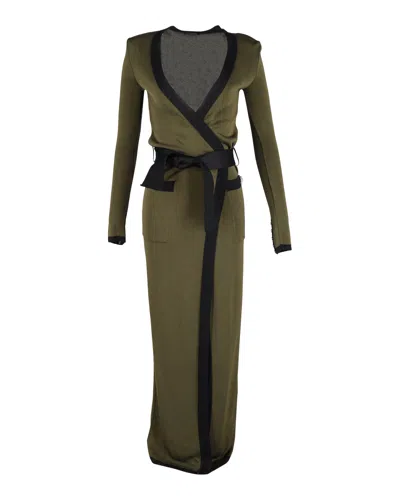 Balmain Open-front Belted Maxi Cardigan In Green Wool