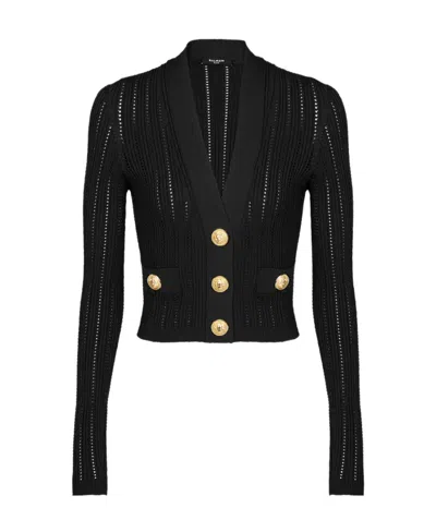 Balmain Cropped Knit Viscose Cardigan In Black