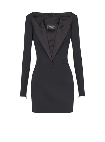 Balmain Open Neck Double-collar Tailored Mini Dress In Black