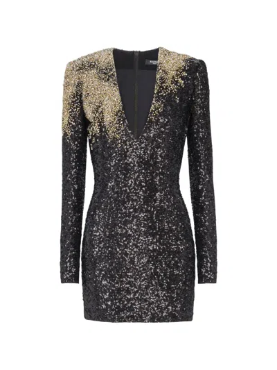Balmain 오픈 넥 자수 드레스 In Black