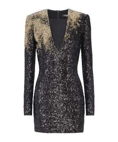 Balmain Open Neck Embroidered Dress In Black