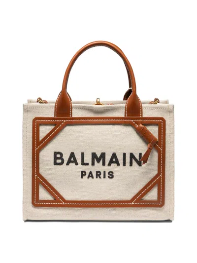 Balmain B-army Small Canvas Shopping Bag With Leather Inserts In White