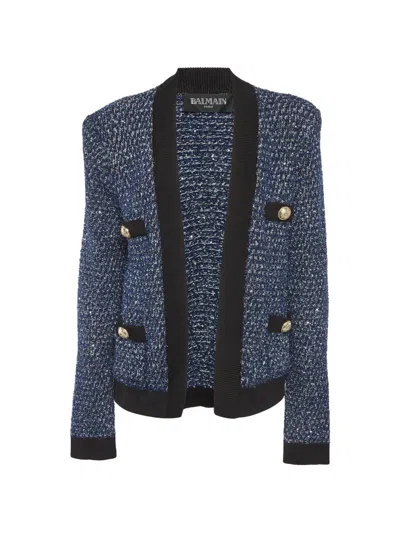 Pre-owned Balmain Open-front Tweed Jacket In Blue