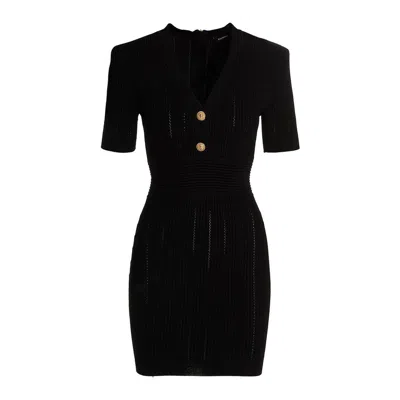 Balmain Openwoolrk Knit Dress With V-neck In Black