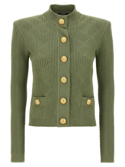 Balmain Openwork Knit Cardigan Sweater, Cardigans In Green