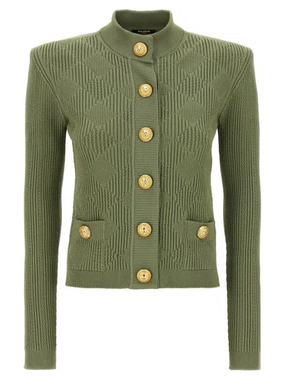 Balmain Openwork Knit Cardigan Sweater, Cardigans In Green