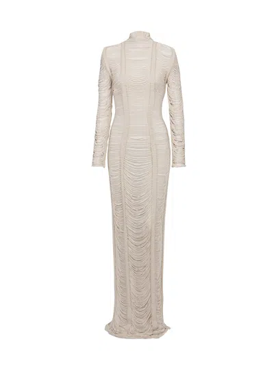 Balmain Macramé-long-sleeves-maxi-dress In Naturel